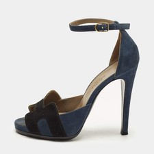 Hermes Highlight Size 37 Navy BlueBlack Suede Ankle Strap Sandals