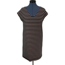 Tory Burch Black Tan Striped Cotton Mini T Shirt Dress Preppy Travel Career M