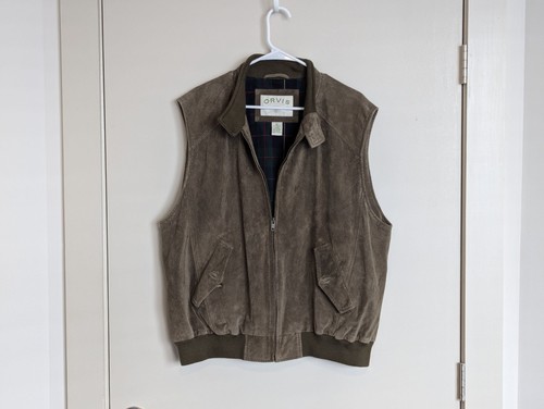 Orvis Suede Vest Mens XL Brown Olive Flannel Lined Zip Outdoor Hunting - Picture 1 of 6