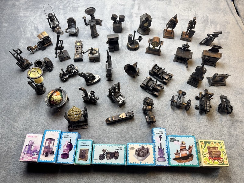LOT OF 47 Vintage Pencil Sharpeners Miniature Die Cast Metal Copper Finish