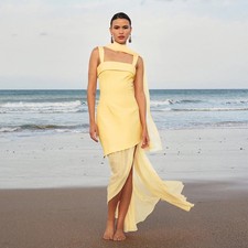 Yellow Prom Dress Tank Square Collar Sleeveless Side Split Column Prom Gown NEW