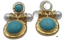 Retro Gold Tone Simulated Turquoise Pearl Drop Earrings Boho Dangle