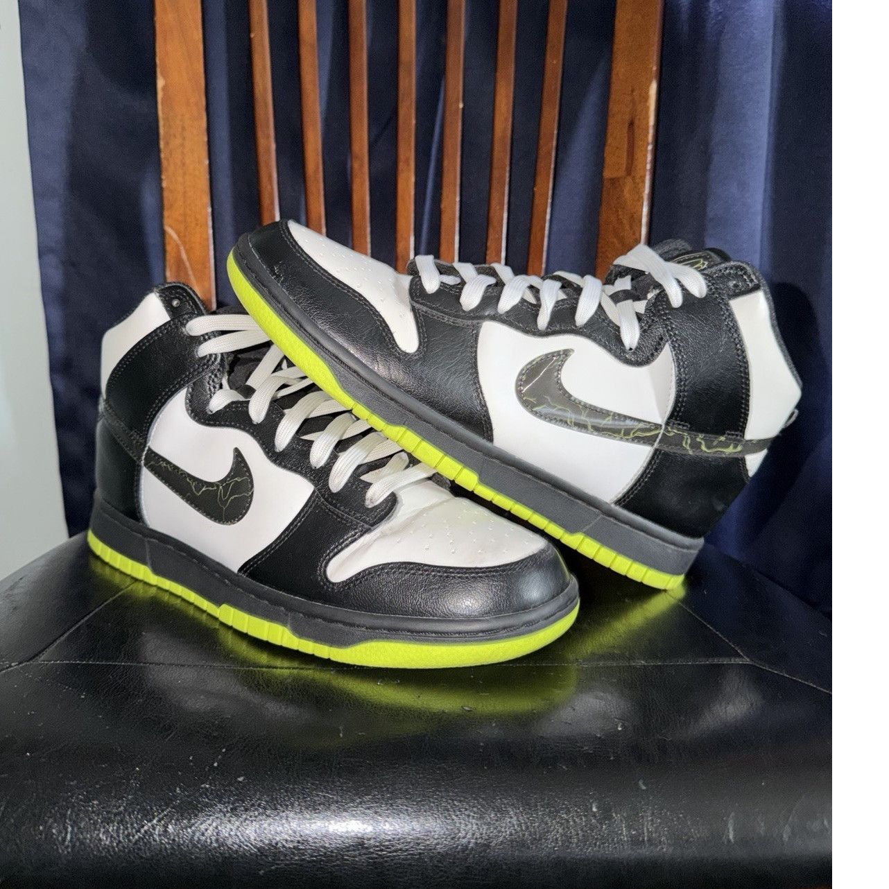 Nike Dunk High Black White Neon Yellow Leather High-Top Athl