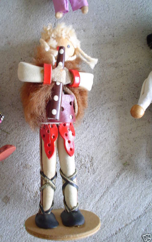 Unique Vintage 1960s Leather Flute Wood Ethnic Woman Doll 5 1/4" Tall