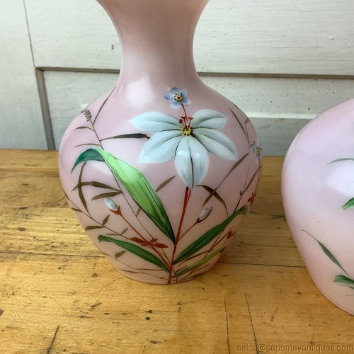 Set of 2 Pink Glass Vases Cased White Interior Hand Painted Florals Victorian - Picture 3 of 10