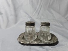 Vintage Mini Glass & Silver Plated Salt & Pepper Shaker Set with Matching Tray