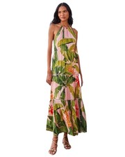 NWT Farm Rio Maxi Dress Size XXS Halter Neck Banana Leaves Pink Green Sleeveless