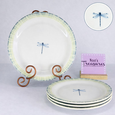 Portmeirion LAKESIDE Dragonfly Blue Green Yellow Rim 11 1/4 Dinner Plates Set 4