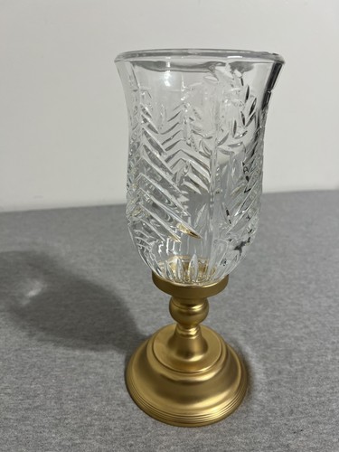 Geschliffener Kristall Windlicht Kerzenhalter Gold Messingfuß geätztes Glas 10 Zoll - Bild 3 von 5