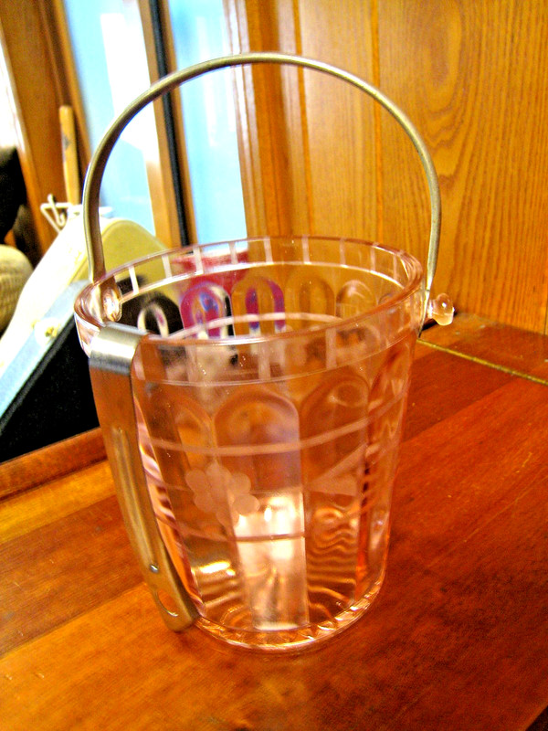 VINTAGE PINK DEPRESSION WARE ICE BUCKET WITH TONGS