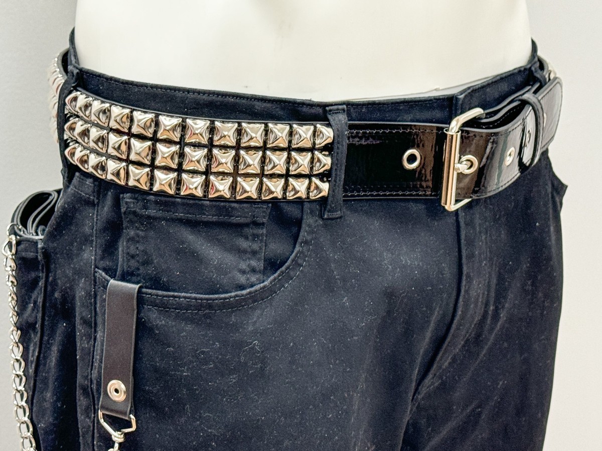 Black Patent Three Row Pyramid Stud Belt Genuine Punk Goth Metal