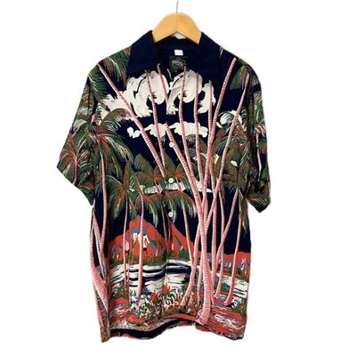 Kona Bay Hawaii Palms Diamond Head Aloha Shirt Navy S Rayon Vintage AB