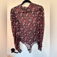 Streetwear Society Red Pink Long Sleeve Sheer Fitted Bodysuit Sz L. 1794