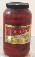 Herbs RED HOT Pickled Sausage 1 Gal. Jar 39 Count Beef & Chicken No Pork From