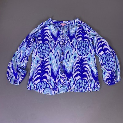 Lilly Pulitzer Blouse Top Medium Women's Blue Pineapple Ikat Rayon Button Down