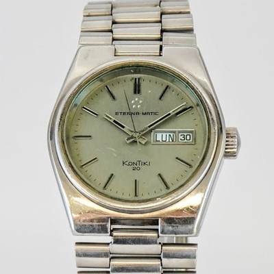 Vintage Eterna-Matic Kontiki 20 Watch 25J Day/Date 37mm ALL S.S. - Orig Bracelet