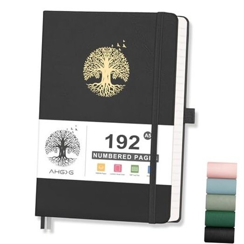 Lined Journal Notebook for Women Men, A5 Hardcover Black 192 Numbered Pages