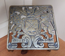 Antique Royal Crest brass trivet, pot stand, Dieu et mon droit, lion, unicorn