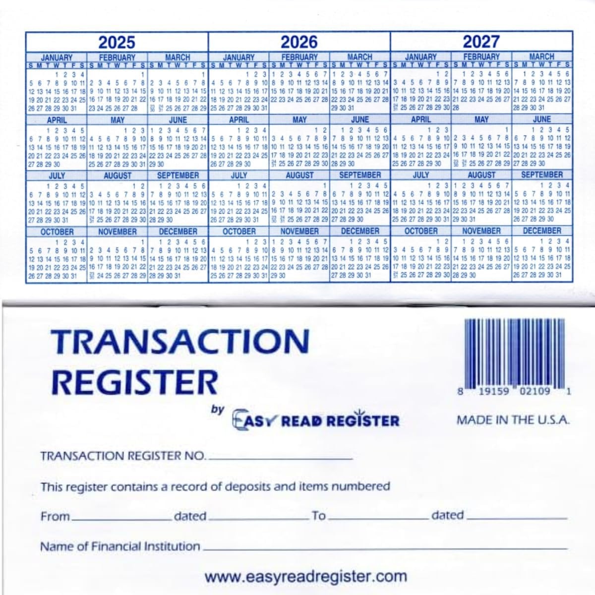 12 Checkbook Transaction Registers 2026-2027-2028 Calendars Check Book Bank