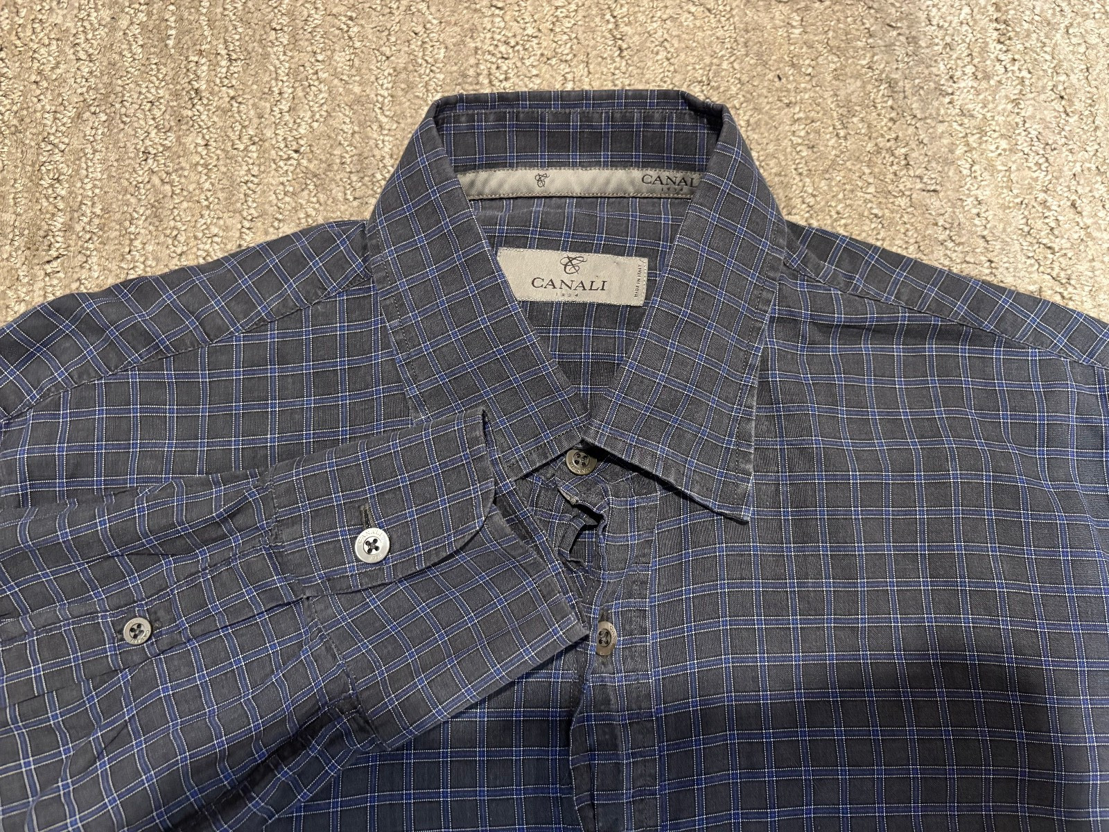 Canali Italy Mens Shirt Medium M Blue Plaid Casual Button Down Long Sleeve