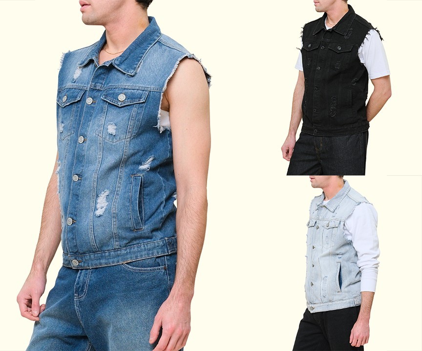 Victorious Men's Washes Distressed Denim Vest Sleeveless Jacket S