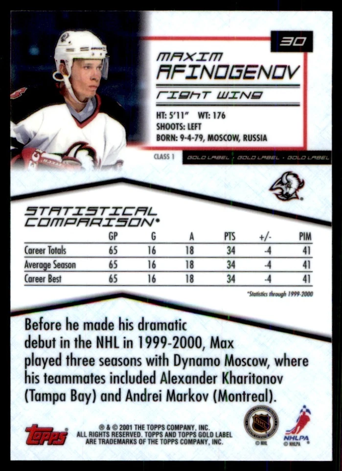 2000-01 Topps Gold Label Maxim Afinogenov Buffalo Sabres #30 - Image 2 of 2