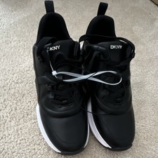 DKNY Black/White Low Top Lace-Up Athletic Sneakers, Solid Logo, White Sole