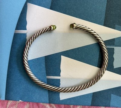 David Yurman 4mm Cable Flex Sterling Silver Bracelet Peridot & 14k Yellow Gold M