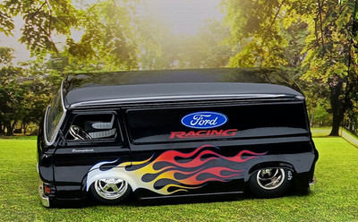 Jada Dub City 65 Ford Econoline ''Ford Racing'' Van 1:24 Black With Flames    READ