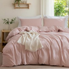 Gingham Duvet Cover - 100 Washed Cotton Linen Feel Light Pink Plaid Comforter