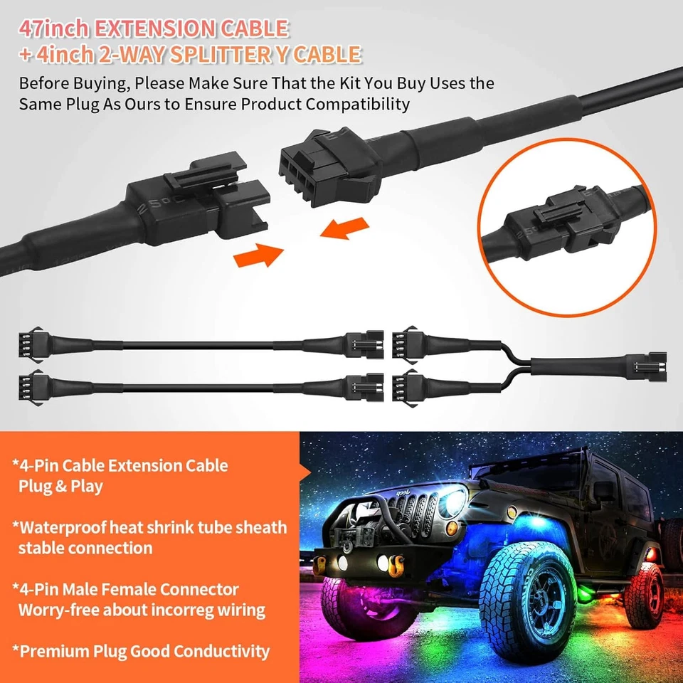 4pcs 47 inch 4-pin RGB Motorcycle Cars Extension Cords and 2pcs 2-Way Splitters  - Image 4 of 4