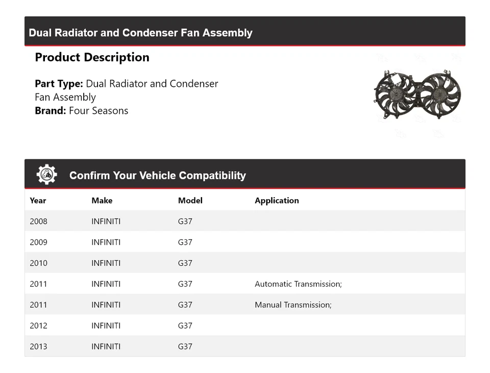 Conjunto de ventilador condensador y radiador doble Infiniti G37 2008-2013 4 estaciones Foto 2 de 4
