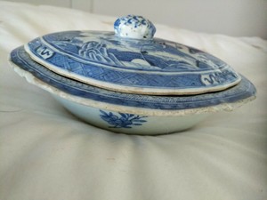 Antique chinese blue and white canton lidded serving dish.