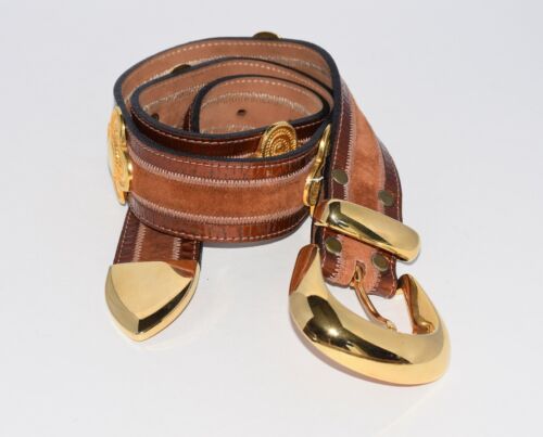 STREET AHEAD Gold Tone Concho Suede & Leather Designer Belt 37" - Picture 3 of 8