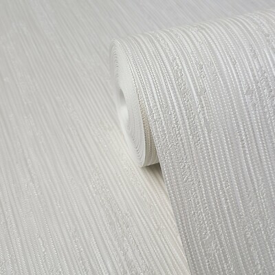 Modern White stria lines faux fabric heavy texture plain textured wallpaper roll