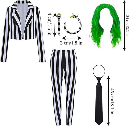Damen Beetlejuice Kostüm schwarz weiß gestreift Anzug und Perücke Halloween XL - Bild 12 von 13