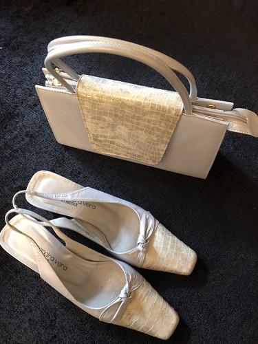 BEAUTIFUL VINTAGE SHOES PALE BLUE GOLD CROCODILE MATCHING HANDBAG SLING BACK 90s - Picture 2 of 12