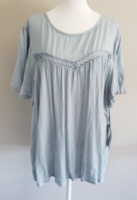 NEW Lily White Top Babydoll Light Blue Crepe Lace Relaxed Fit Plus Size 2X NWT