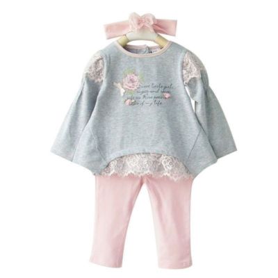 Neue rosa Leggings grau Oberteil Baby Mädchen Outfit Spitze Kleinkind Party Kinder Kleidung UK