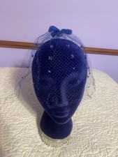 Vtg 1950's Blue Veil Hat Netted Facinator w/ Bow