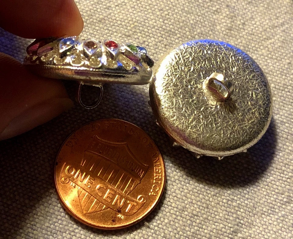 TWO Domed Silver Tone Metal Colorful Rhinestones Button Almost 7/8" 22mm 9070 - Image 2 of 3