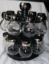 Spice Jar Organizer For 16 Jars Two Tier Dual Turn Tables Black And Chrome Vtg.