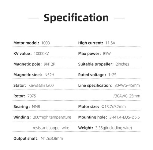 HGLRC SPECTER 1003 10000KV Brushless Motor for 75mm Tinywhoop Toothpick Drones - Picture 10 of 19