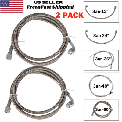 2Pcs Stainless Braided TFE Brake Line Straight x 90° -3 Brake Hose- 3 AN 12''-60''