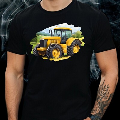 Mens Yellow Field Tractor Motif Cotton T-Shirt Size XS to 5XL