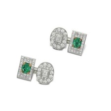 One Oval Plaque  One Rectangular Plaque Green Emerald  White CZ Men's Cufflink