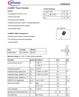 10X IPA90R1K2C3 9R1K2C Infineon N-Ch Power MOSFET 900V 5.1A 31W