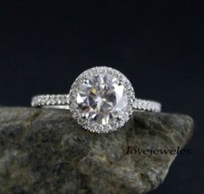 Round Cut 1.51CT Real Moissanite Halo Engagement Wedding 925 Silver Ring Women's
