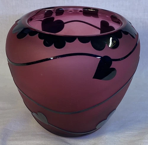 Gibson Art Glass Cranberry / Black Glass Overlay Cameo Sand Carved Hearts Vase