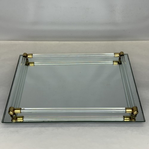 Vintage Mirror Glass Vanity Tray Gold Trim Makeup Rectangular Perfume